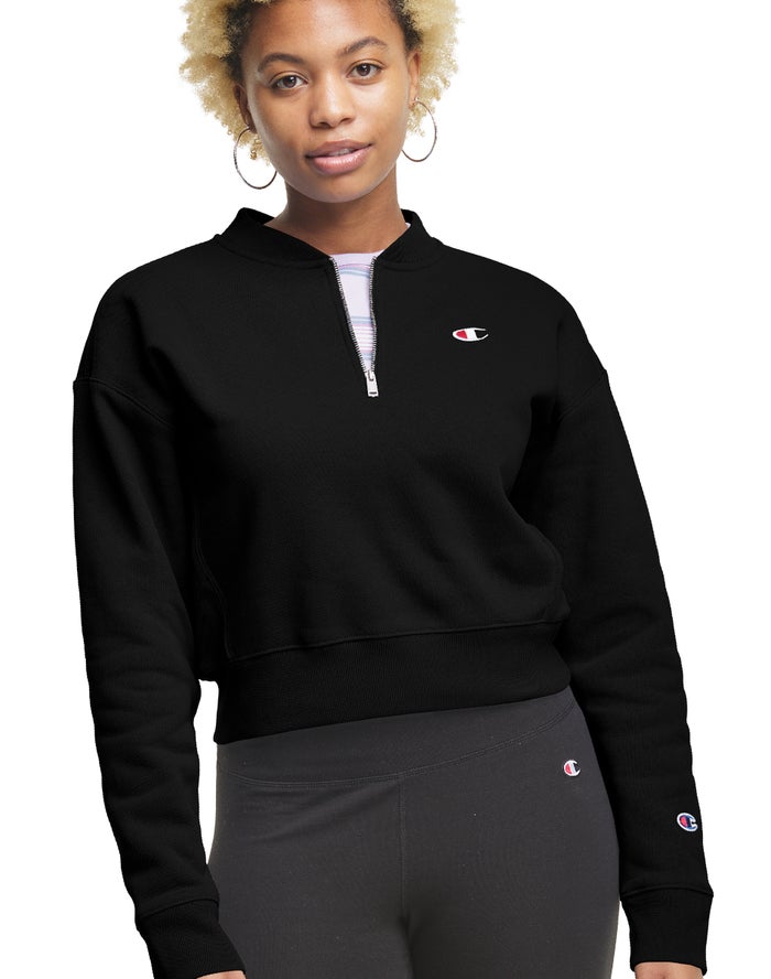 Champion Reverse Weave Cropped 1/4 Zip Sweatshirt Dames - Zwart - Belgie 7605VCSWO